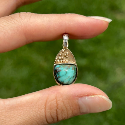 Estate 14KT Yellow and White Gold Half Moon Green Turquoise Pendant Enhancer