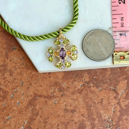 Estate 14KT Yellow Gold Peridot Citrine Amethyst Ornate Cross Pendant