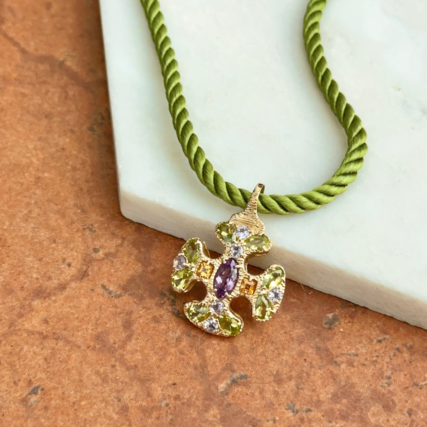 Estate 14KT Yellow Gold Peridot Citrine Amethyst Ornate Cross Pendant