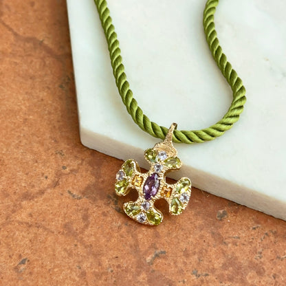 Estate 14KT Yellow Gold Peridot Citrine Amethyst Ornate Cross Pendant
