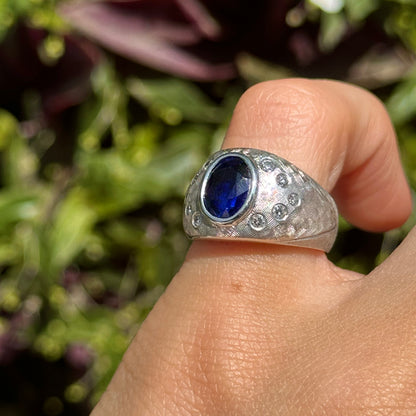 Estate 14KT White Gold Matte Oval Synthetic Sapphire + Diamond Ring