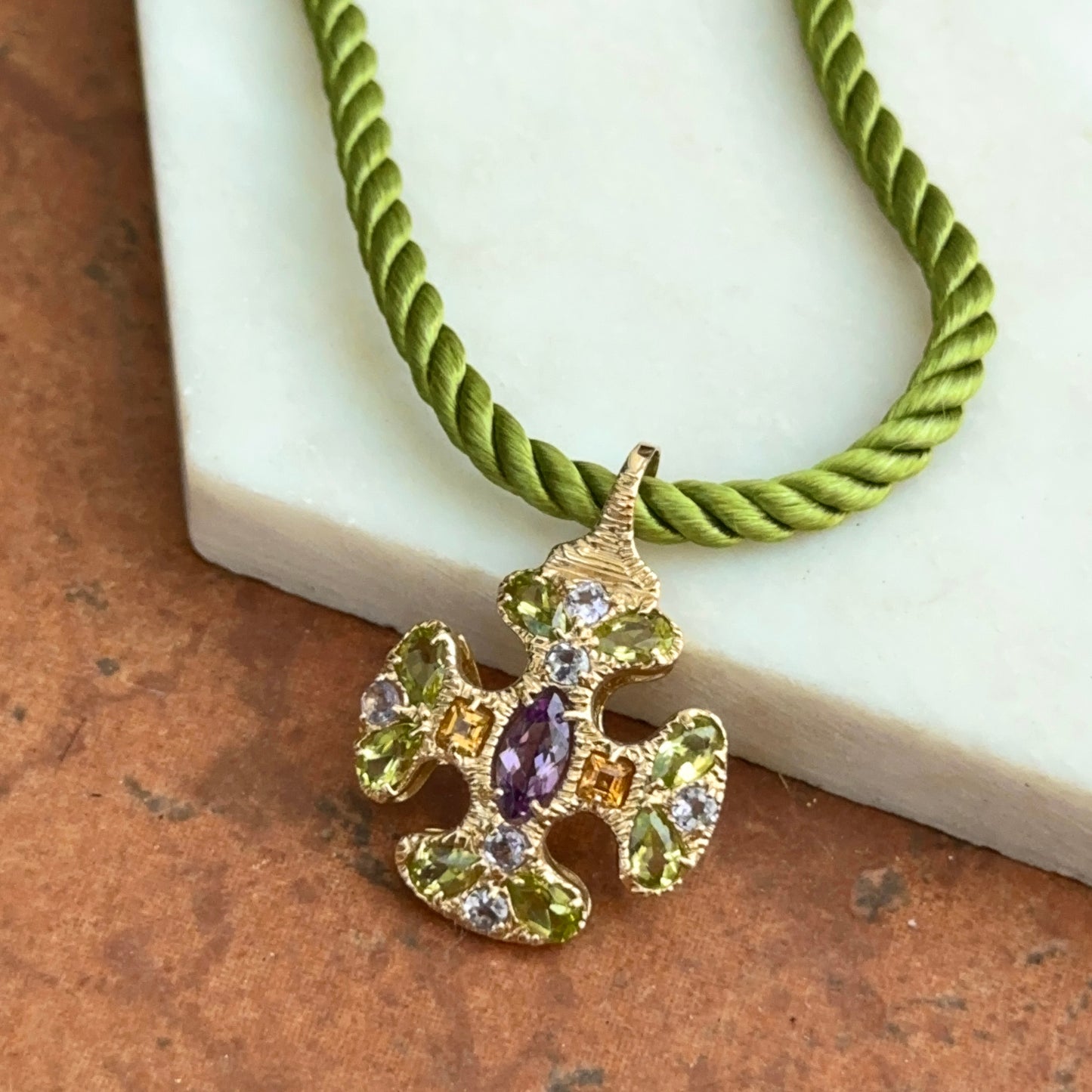 Estate 14KT Yellow Gold Peridot Citrine Amethyst Ornate Cross Pendant