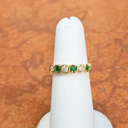 Estate 14KT Yellow Gold S Link Emerald + Diamond Band Ring