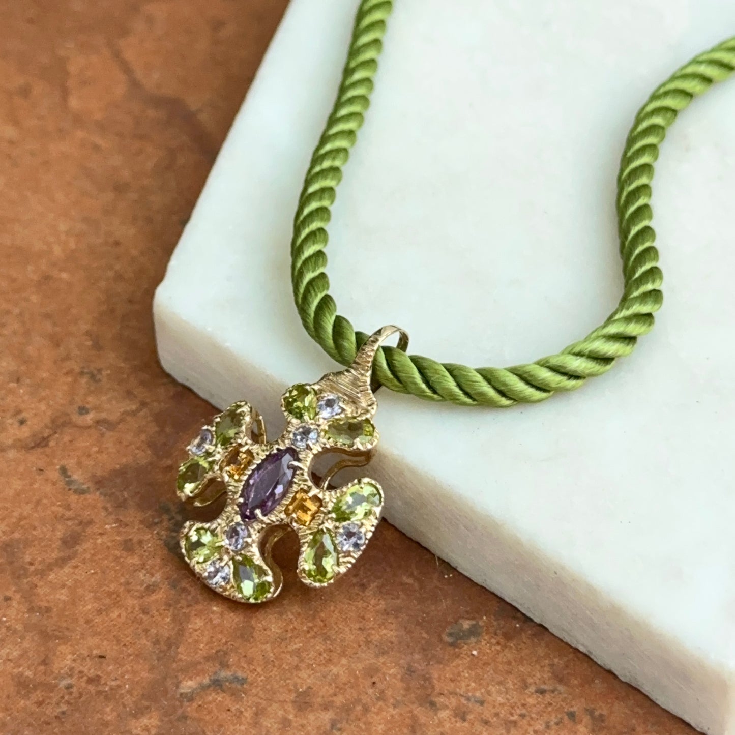 Estate 14KT Yellow Gold Peridot Citrine Amethyst Ornate Cross Pendant