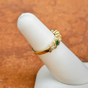 Estate 14KT Yellow Gold S Link Emerald + Diamond Band Ring