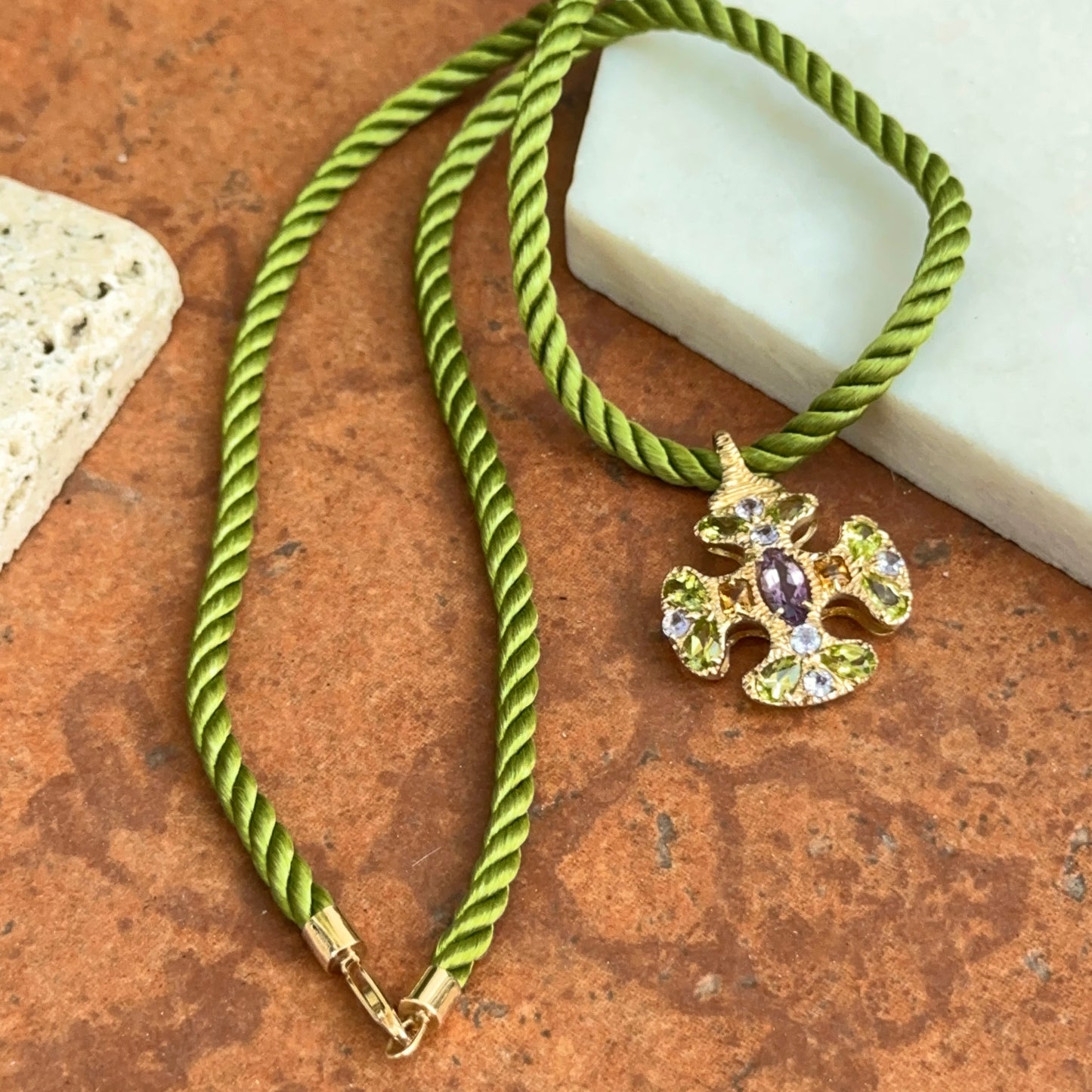 Estate 14KT Yellow Gold Peridot Citrine Amethyst Ornate Cross Pendant