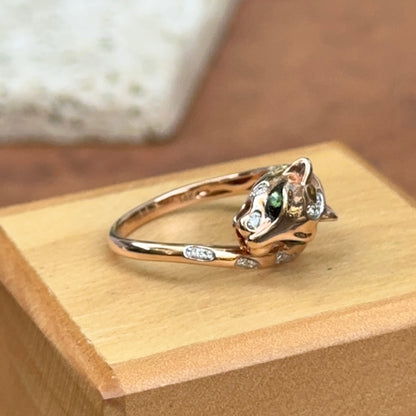 Estate 14KT Rose Gold Pave Diamond + Tsavorite Eye Panther Bypass Ring