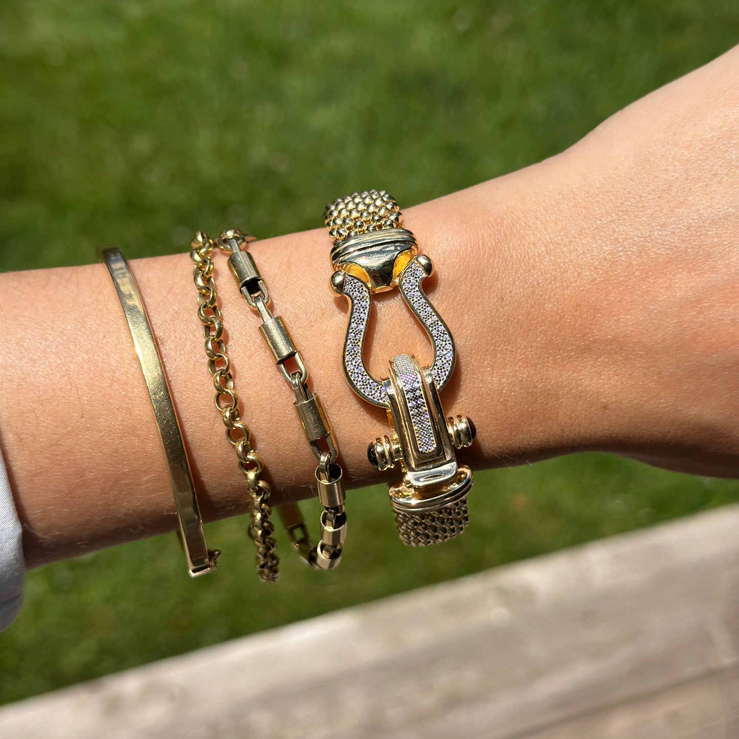 Gold-Plated Popcorn Mesh Onyx + Diamond Bangle Bracelet
