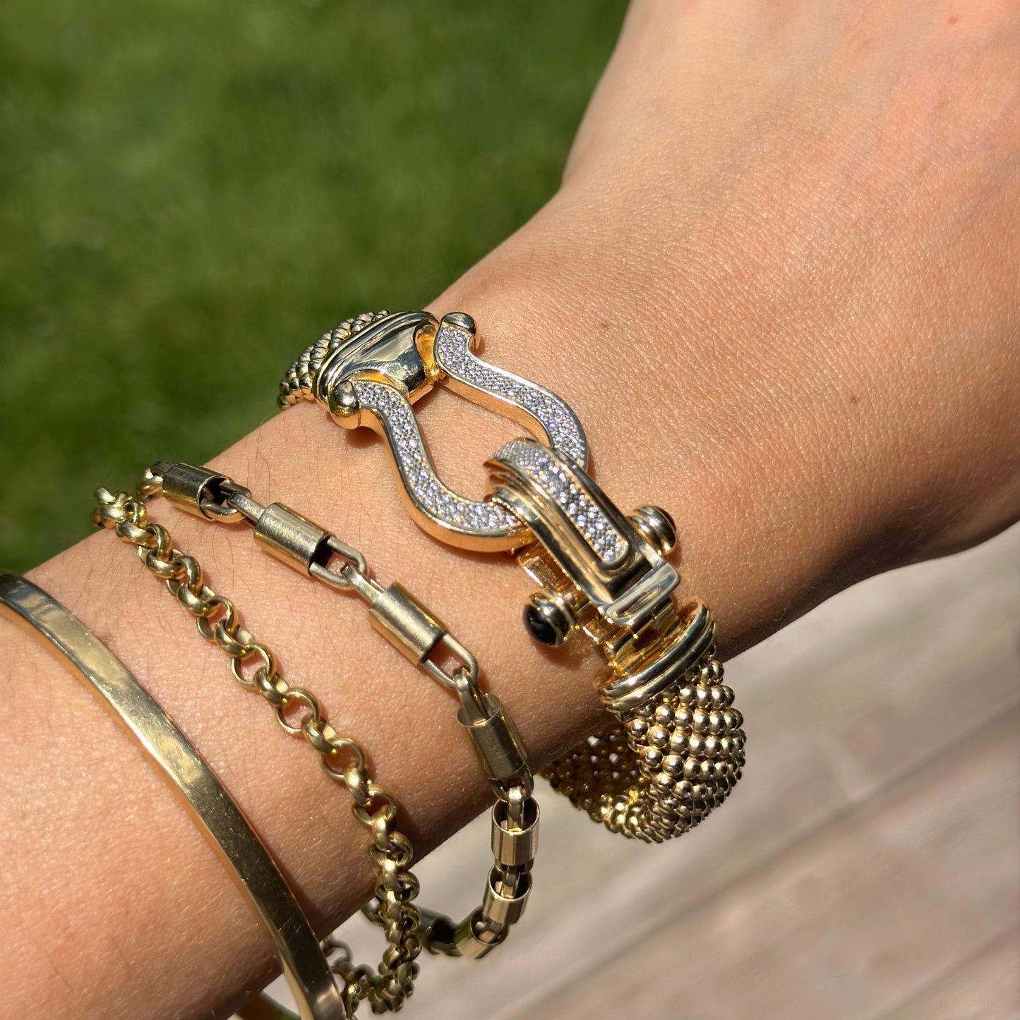 Gold-Plated Popcorn Mesh Onyx + Diamond Bangle Bracelet