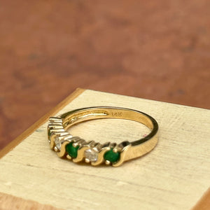 Estate 14KT Yellow Gold S Link Emerald + Diamond Band Ring