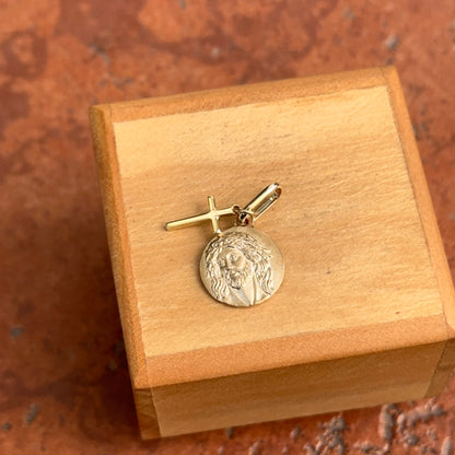 14KT Yellow Gold Jesus Round Medal + Cross Pendant Charms