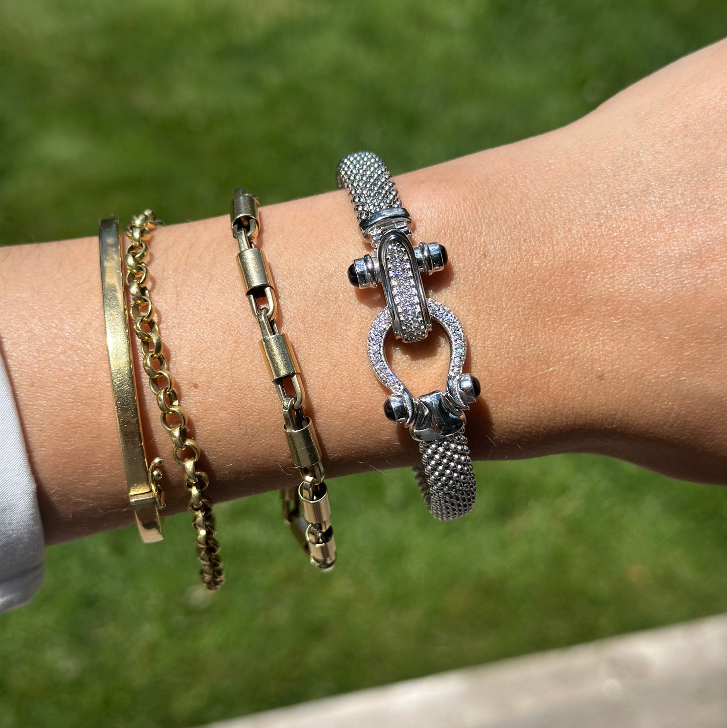 Silver Mesh Popcorn Horse Bit Diamond + Black Onyx Bangle Bracelet
