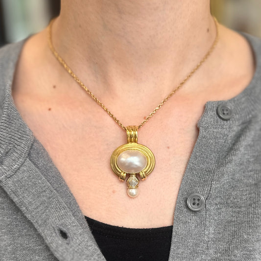 Estate 14KT Yellow Gold Large Mabe Pearl + Diamond Enhancer Pendant 045