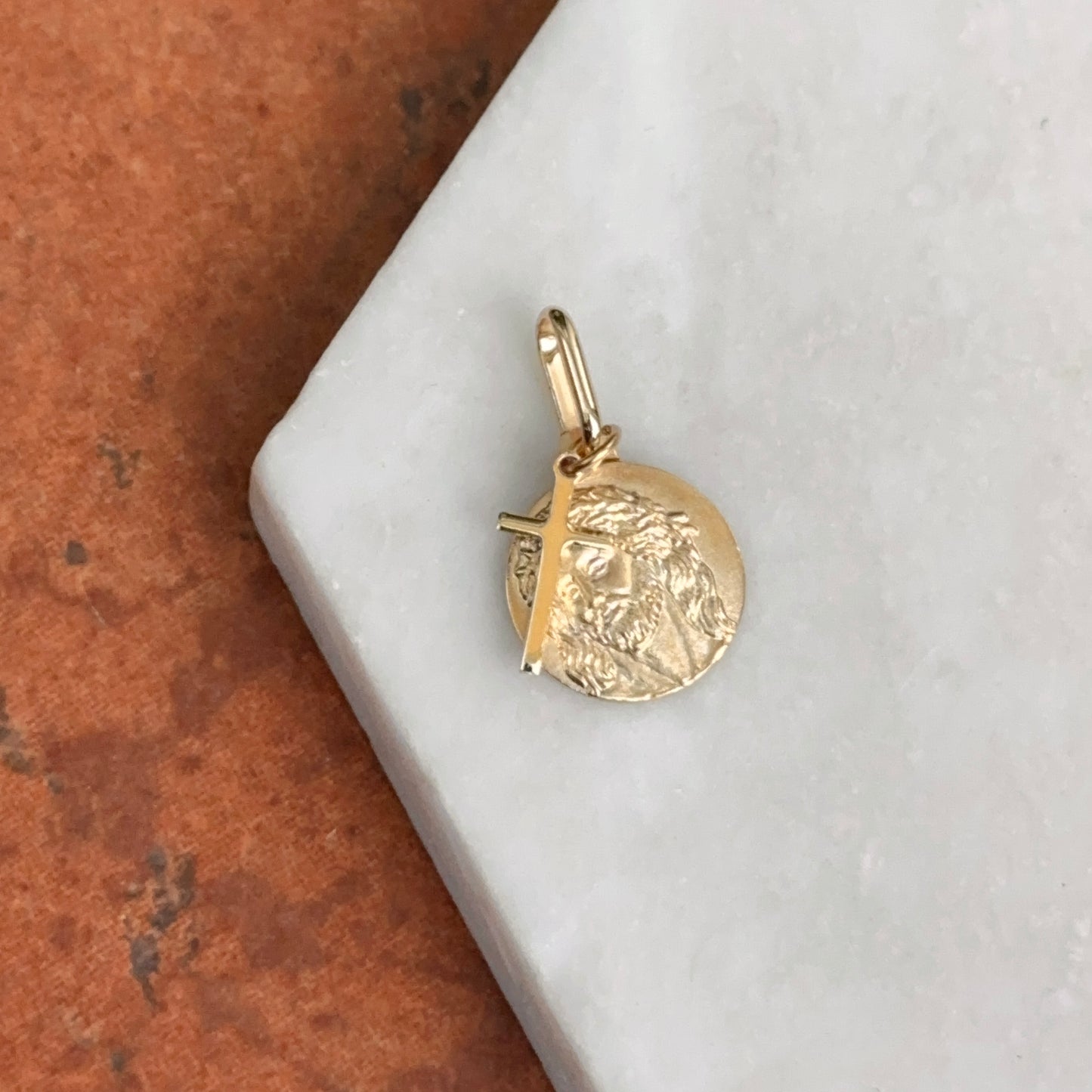 14KT Yellow Gold Jesus Round Medal + Cross Pendant Charms