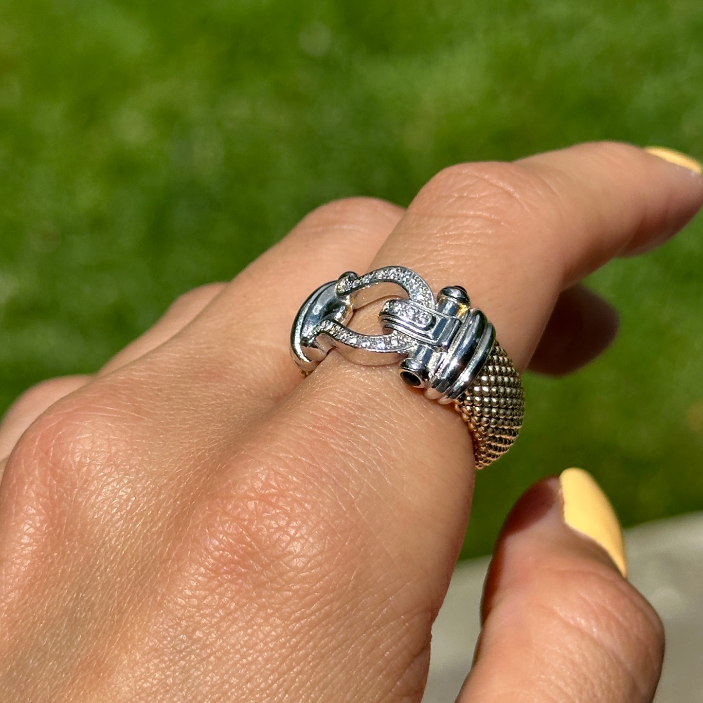 Gold-Plated Mesh Popcorn Black Onyx + Diamond Horse Bit Ring
