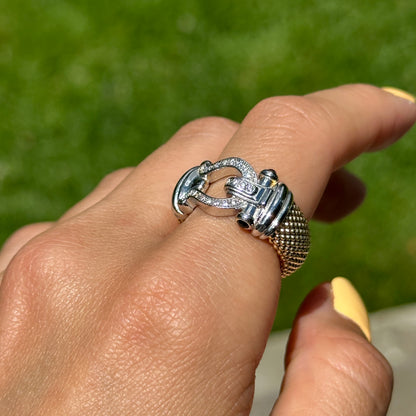 Gold-Plated Mesh Popcorn Black Onyx + Diamond Horse Bit Ring