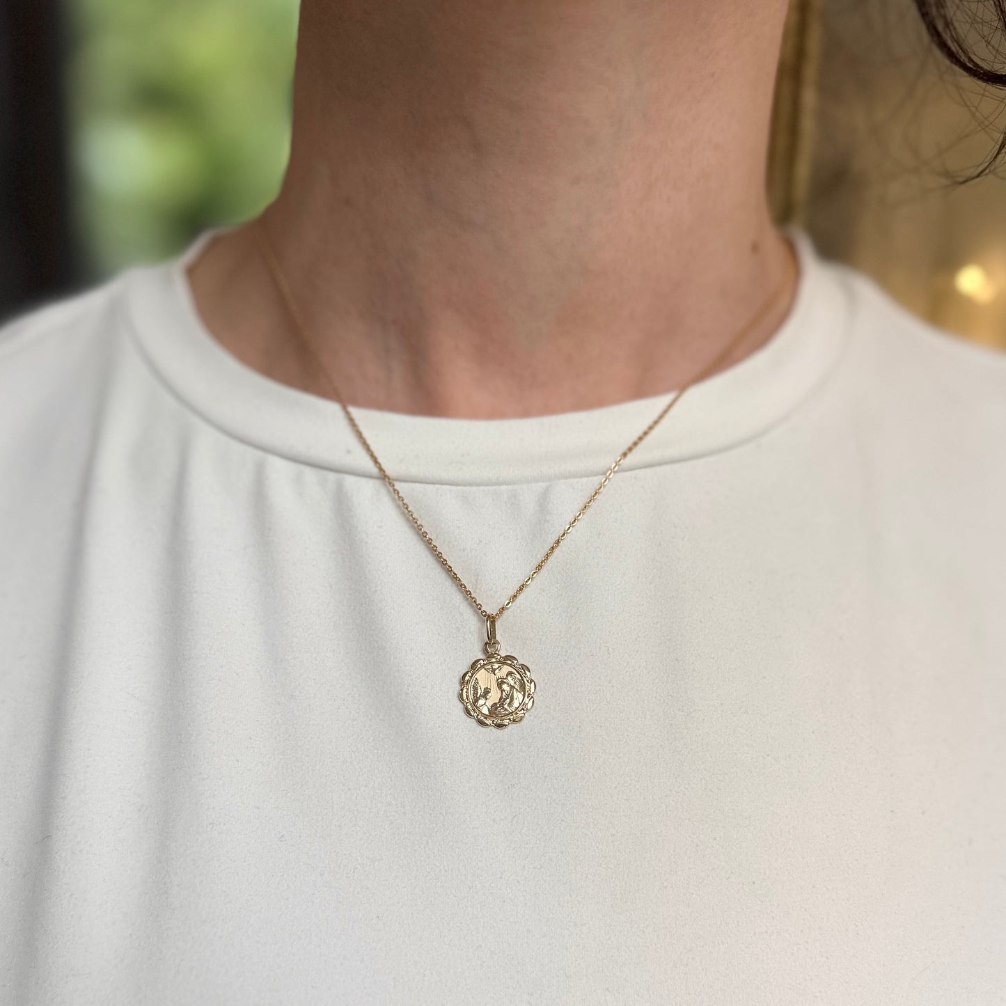 14KT Yellow Gold Baptism Round Scalloped Medal Pendant Charm