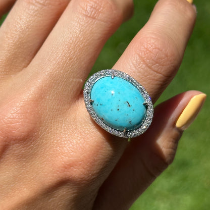 Estate 14KT White Gold Cabochon Turquoise + Pave Diamond Ring