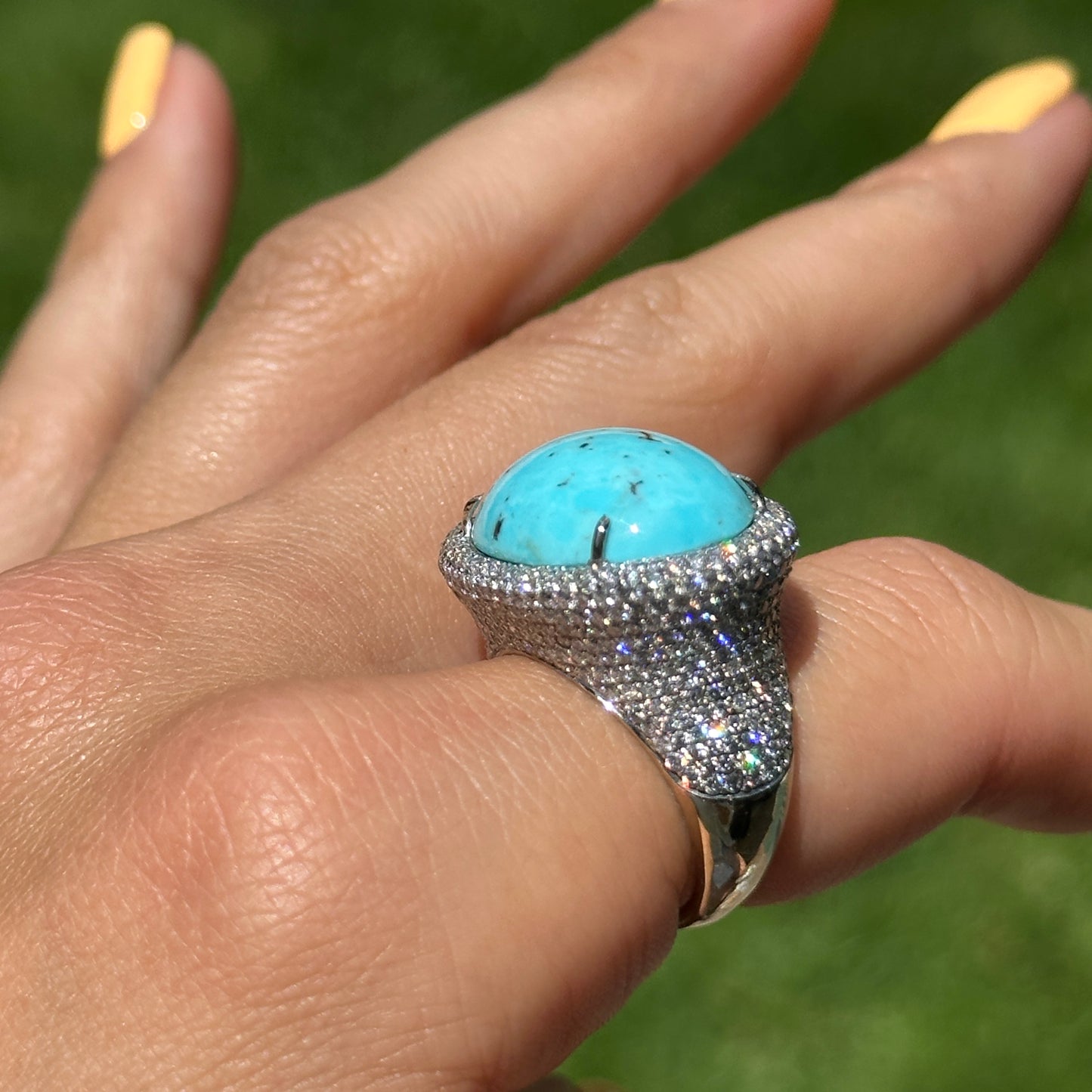 Estate 14KT White Gold Cabochon Turquoise + Pave Diamond Ring