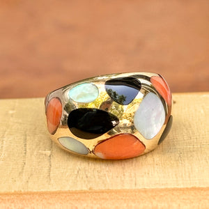 Estate 14KT Yellow Gold Coral, Mother of Pearl, + Onyx Dome Ring