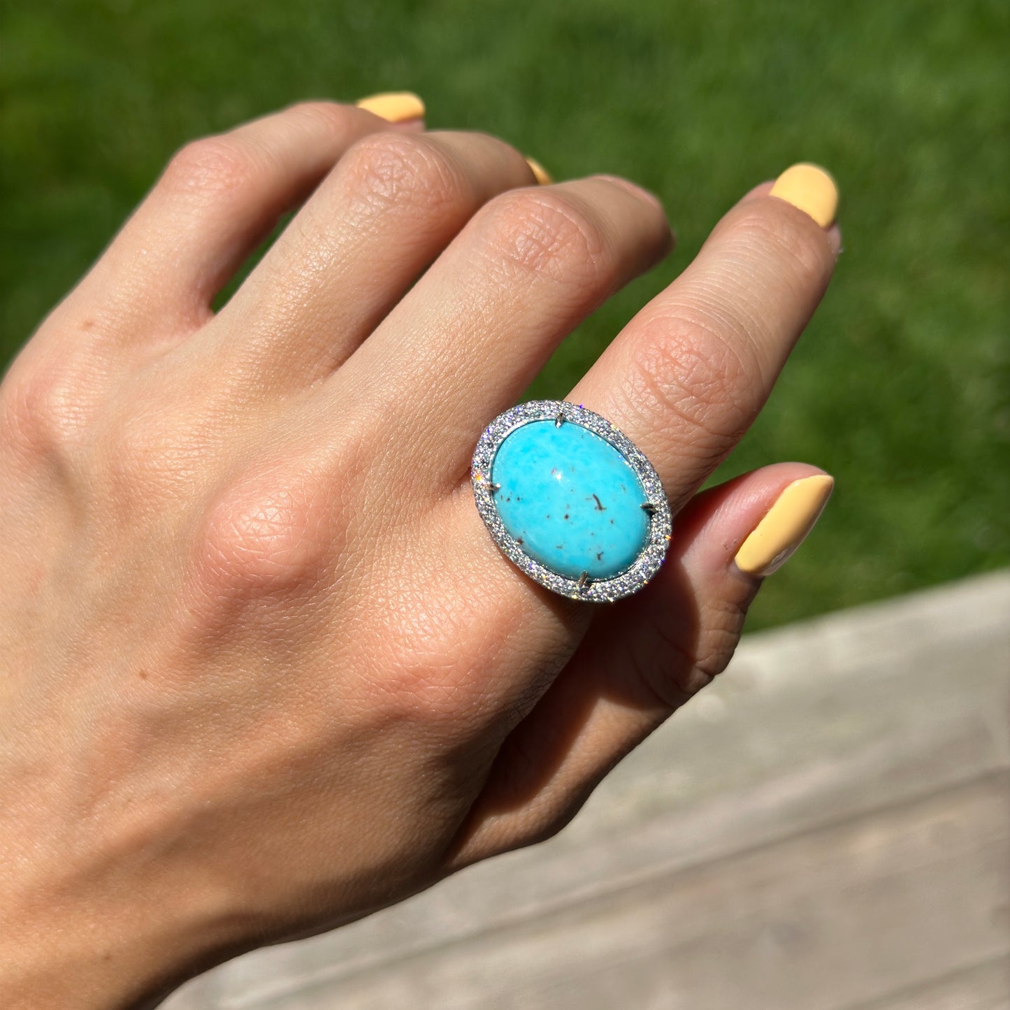 Estate 14KT White Gold Cabochon Turquoise + Pave Diamond Ring