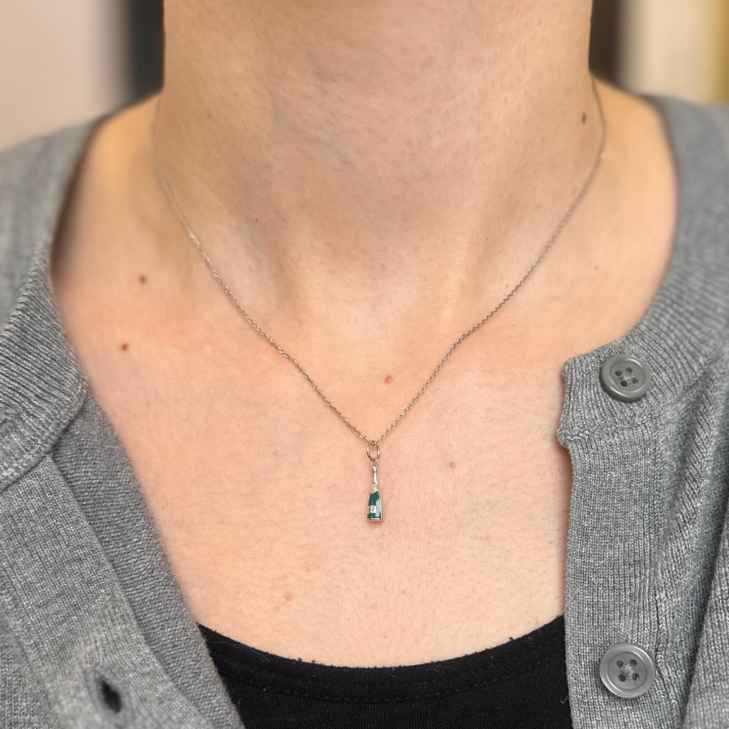 14KT White Gold Diamond + Turquoise Enamel Mini Champagne Bottle Charm Pendant