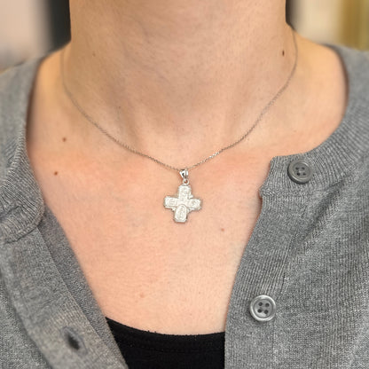 14KT White Gold Polished + Satin Four Way Cross Pendant 18mm