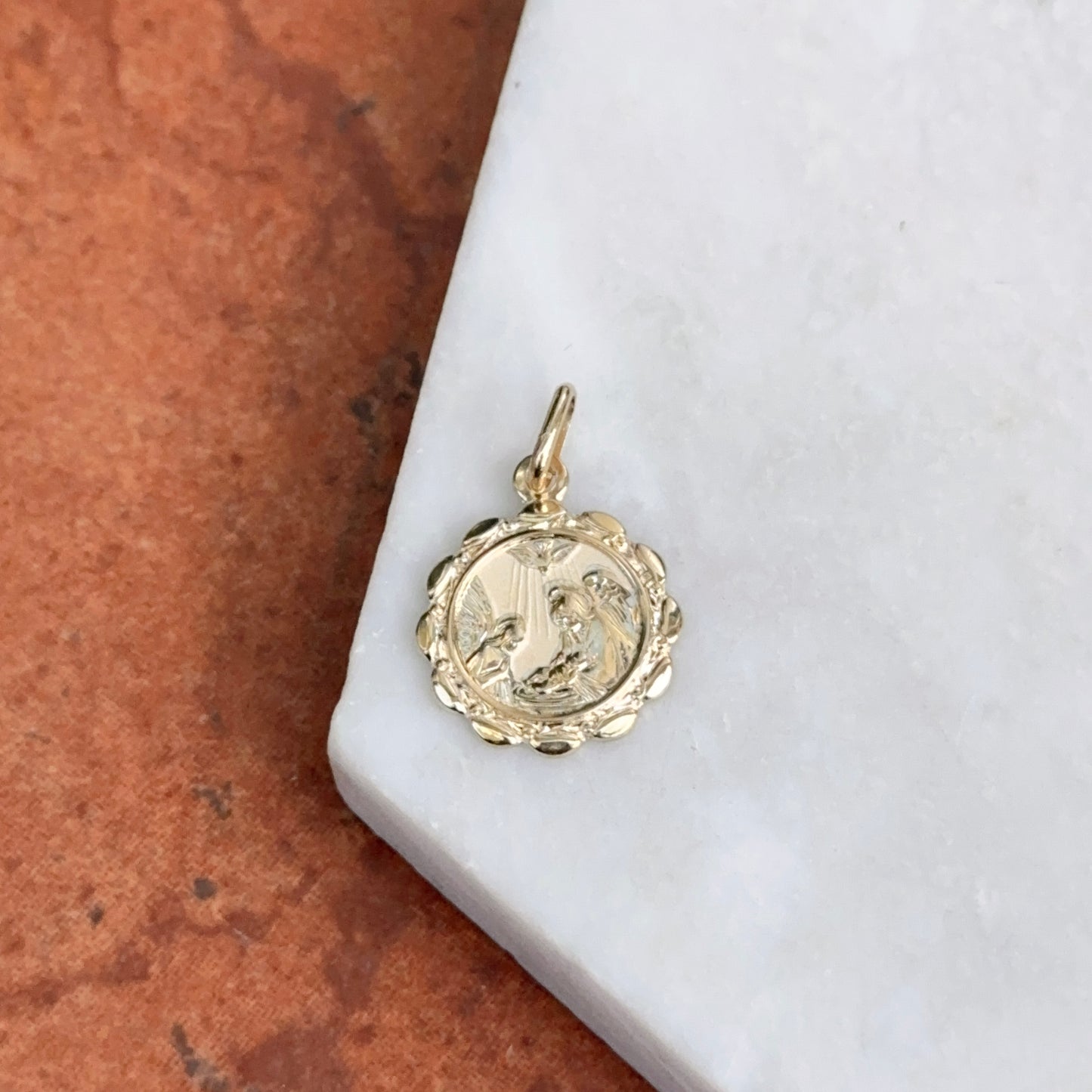 14KT Yellow Gold Baptism Round Scalloped Medal Pendant Charm