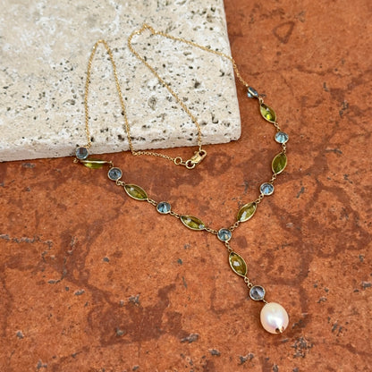 14KT Yellow Gold Topaz, Peridot + Freshwater Pearl Lariat Necklace