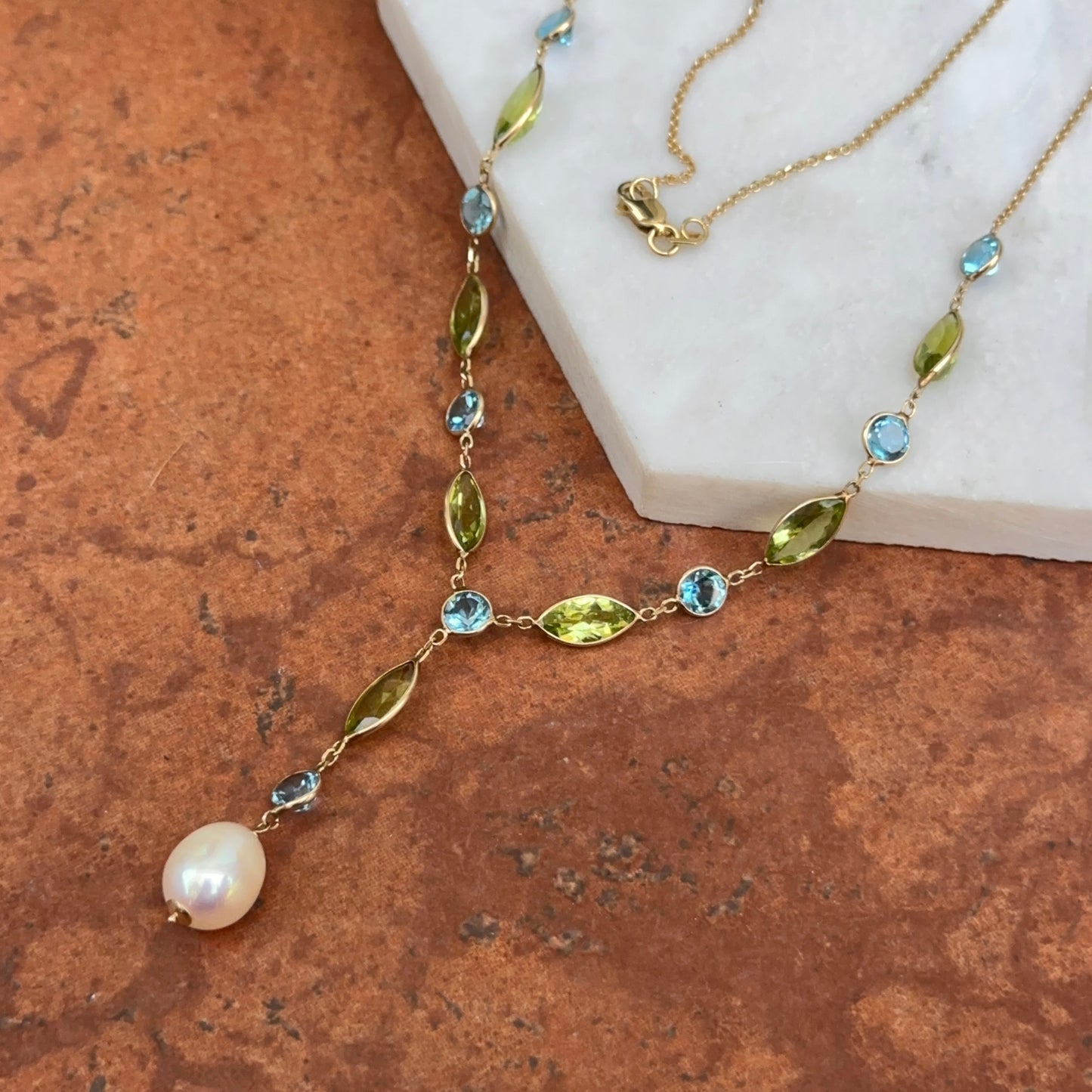 14KT Yellow Gold Topaz, Peridot + Freshwater Pearl Lariat Necklace