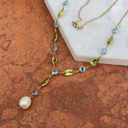 14KT Yellow Gold Topaz, Peridot + Freshwater Pearl Lariat Necklace