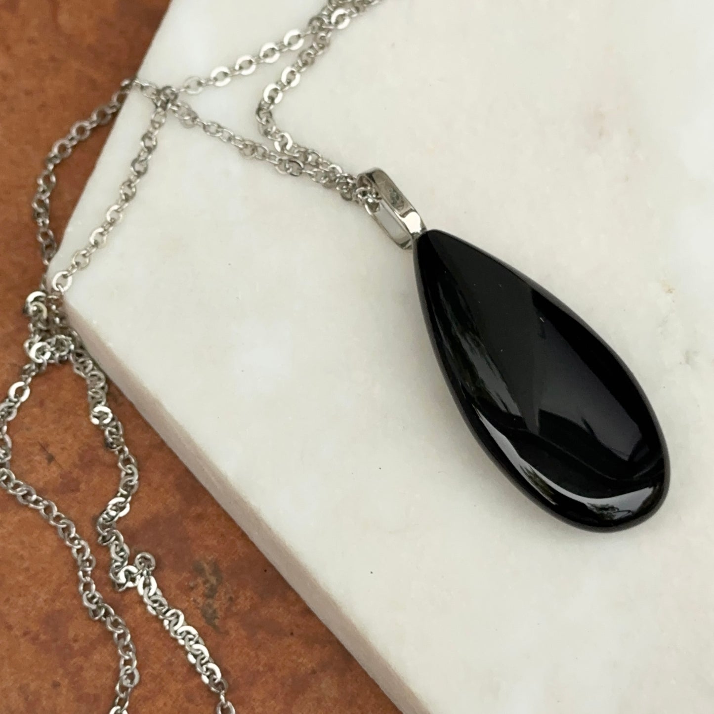 Sterling Silver Pear Shape Black Onyx Pendant Necklace Large