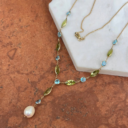 14KT Yellow Gold Topaz, Peridot + Freshwater Pearl Lariat Necklace