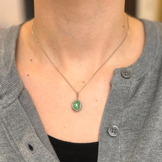 Sterling Silver Antiqued Oval Jade Cabochon Pendant