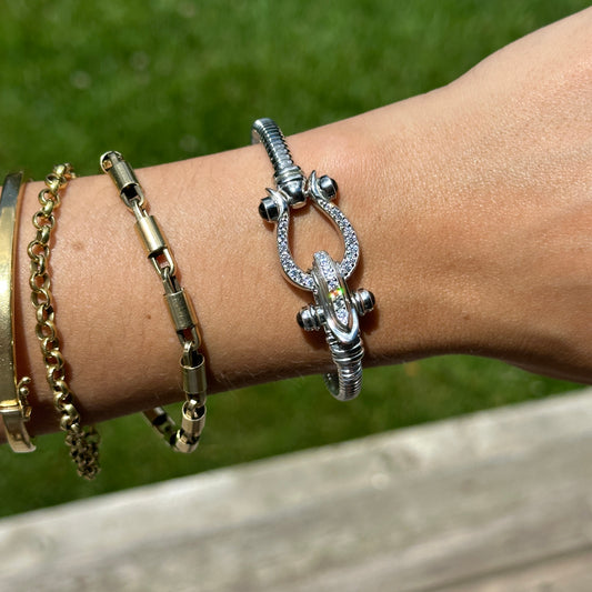 Sterling Silver Ribbed Diamond + Onyx Horse Bit Bangle Bracelet