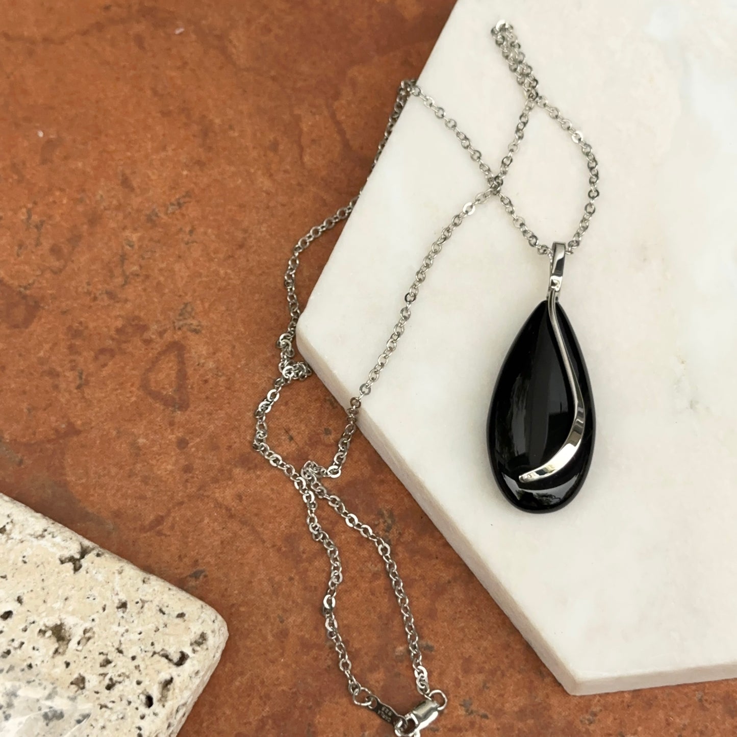 Sterling Silver Pear Shape Black Onyx Pendant Necklace Large