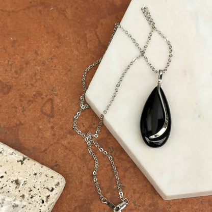 Sterling Silver Pear Shape Black Onyx Pendant Necklace Large