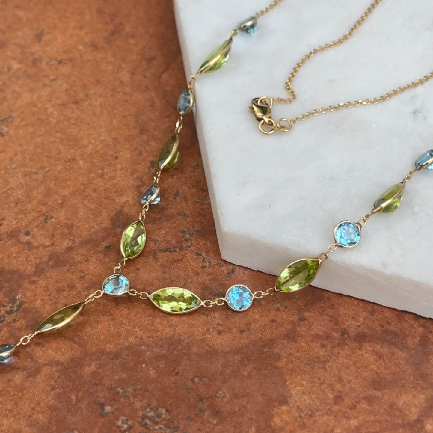 14KT Yellow Gold Topaz, Peridot + Freshwater Pearl Lariat Necklace