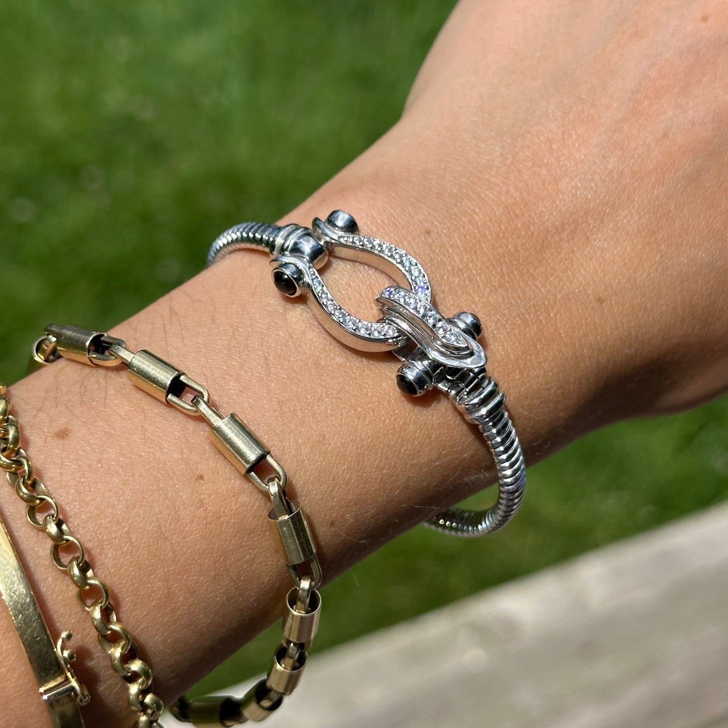 Sterling Silver Ribbed Diamond + Onyx Horse Bit Bangle Bracelet