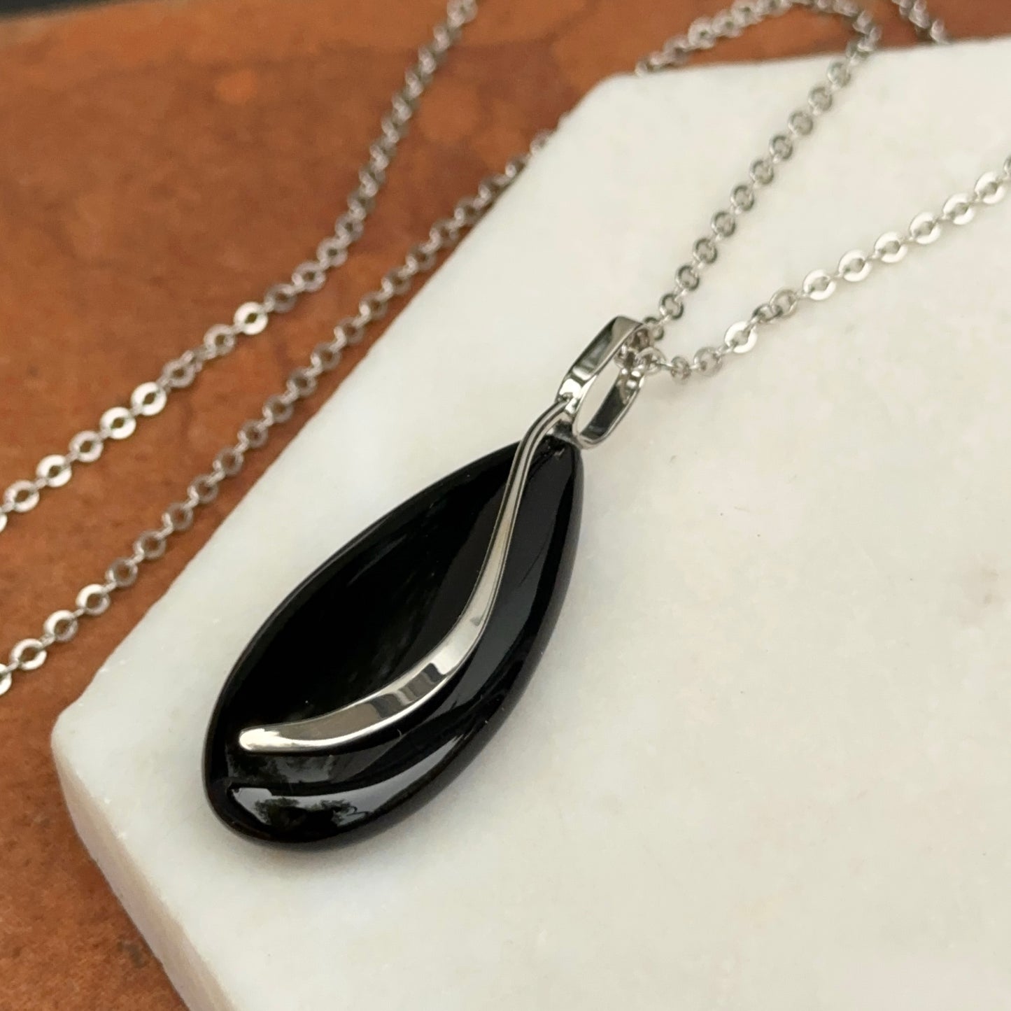 Sterling Silver Pear Shape Black Onyx Pendant Necklace Large