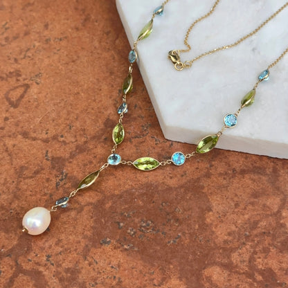 14KT Yellow Gold Topaz, Peridot + Freshwater Pearl Lariat Necklace