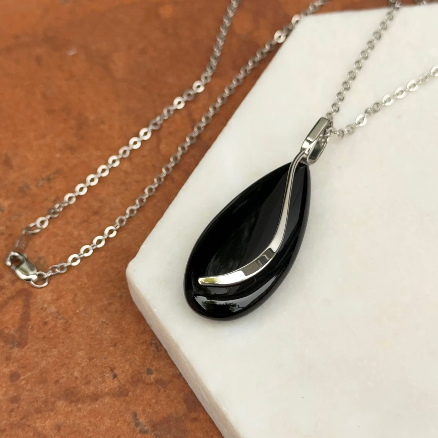 Sterling Silver Pear Shape Black Onyx Pendant Necklace Large