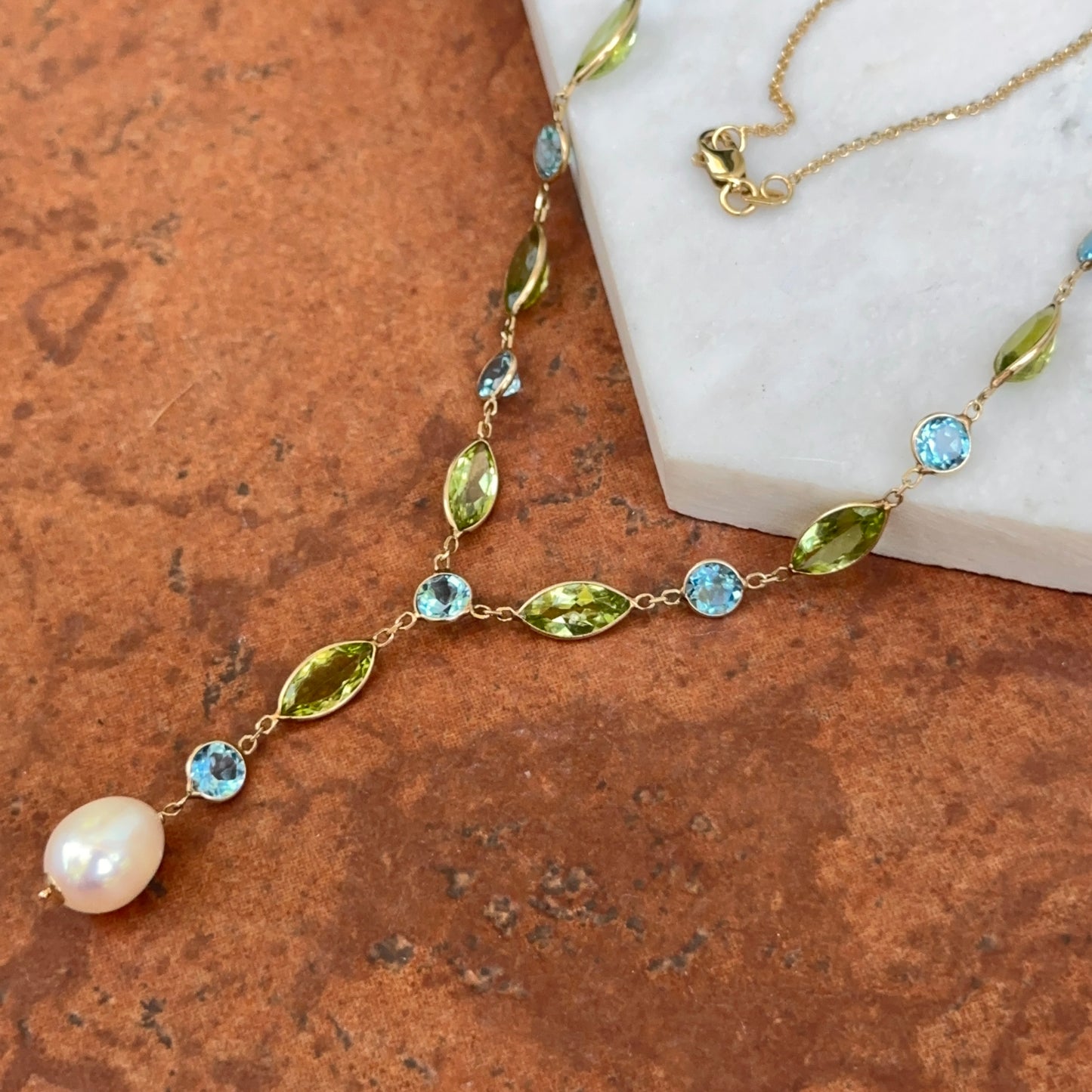 14KT Yellow Gold Topaz, Peridot + Freshwater Pearl Lariat Necklace