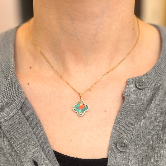 14KT Yellow Gold Oyster Turquoise + Diamond Clover Pendant