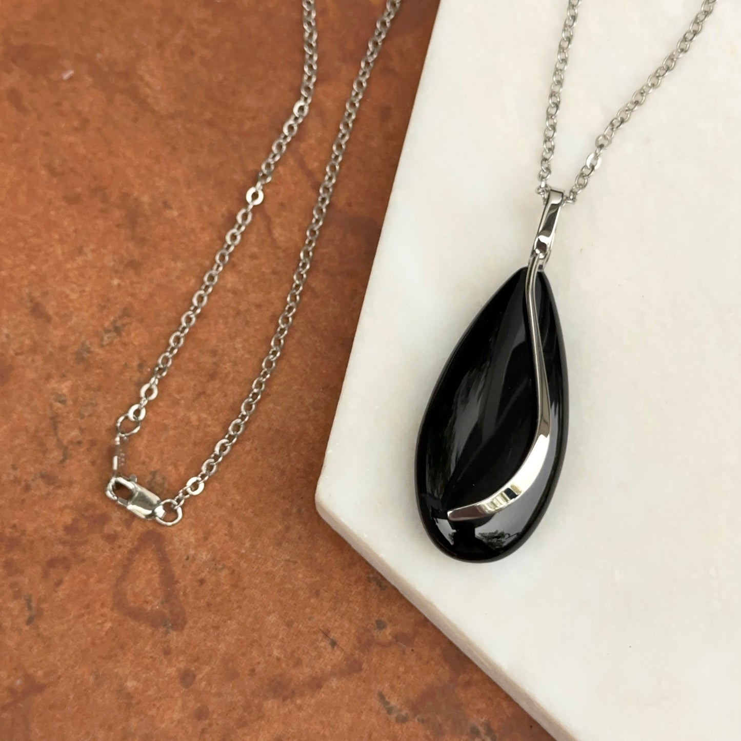 Sterling Silver Pear Shape Black Onyx Pendant Necklace Large