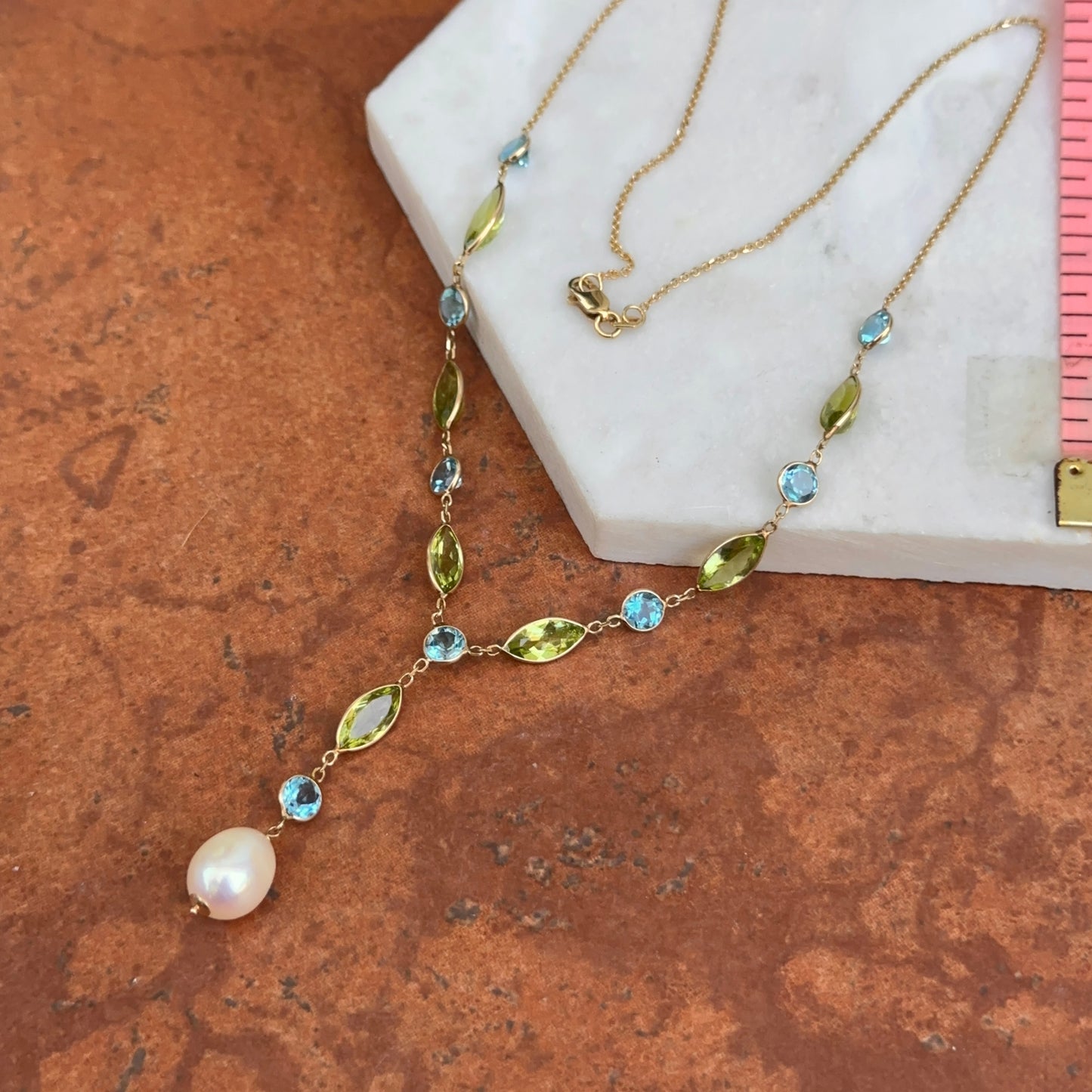 14KT Yellow Gold Topaz, Peridot + Freshwater Pearl Lariat Necklace