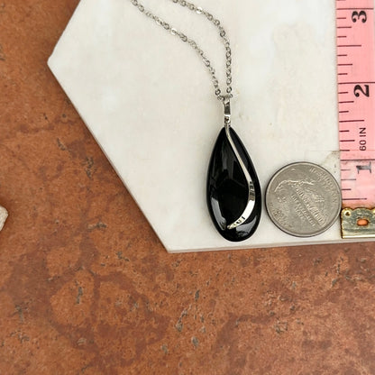 Sterling Silver Pear Shape Black Onyx Pendant Necklace Large