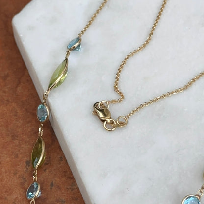 14KT Yellow Gold Topaz, Peridot + Freshwater Pearl Lariat Necklace