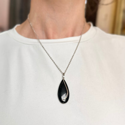 Sterling Silver Pear Shape Black Onyx Pendant Necklace Large