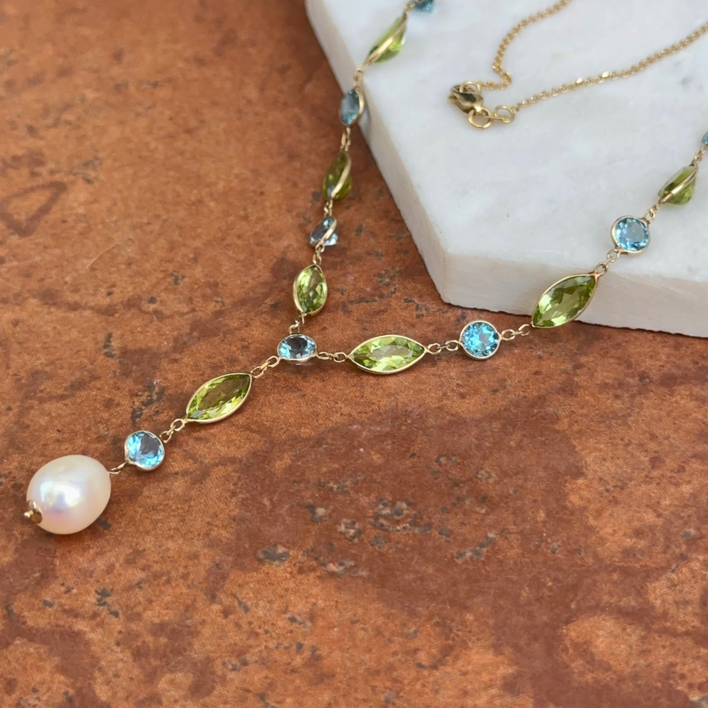 14KT Yellow Gold Topaz, Peridot + Freshwater Pearl Lariat Necklace